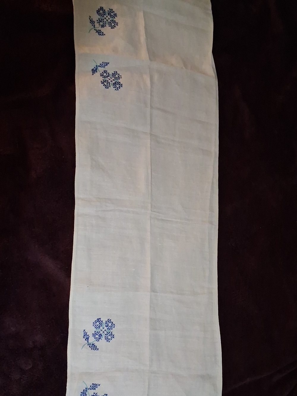 Embroidered White Linen Runner with Blue Floral Motif